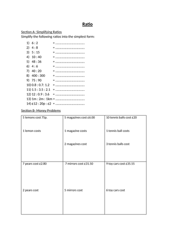 Ratio and Proportion Worksheet (inc solutions) | Teaching Resources