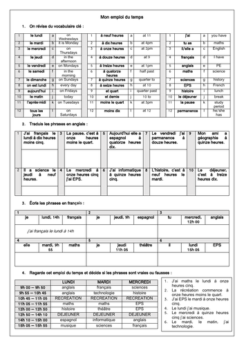French School timetable, time &  subjects - mon emploi du temps