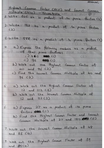 HCF & LCM 9-1 GCSE Worksheet & Answers