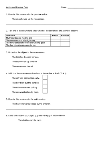 Active and Passive KS2 SATS Style Questions