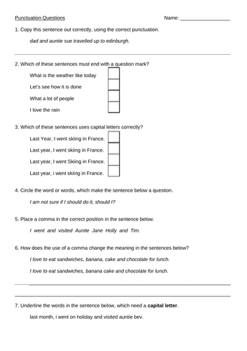 KS2 SATS Style Basic Punctuation Questions