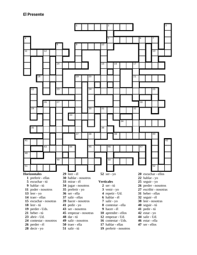 Presente Spanish All Verbs Crossword