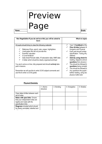 A-Level Chemistry Folder Checking Criteria