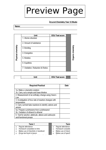 AQA A-Level Chemistry  Student Trackers Year 12 & 13