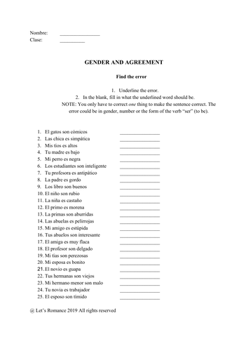 spanish gender and agreement find the error fun no prep worksheet teaching resources