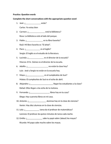 question words worksheet teaching resources