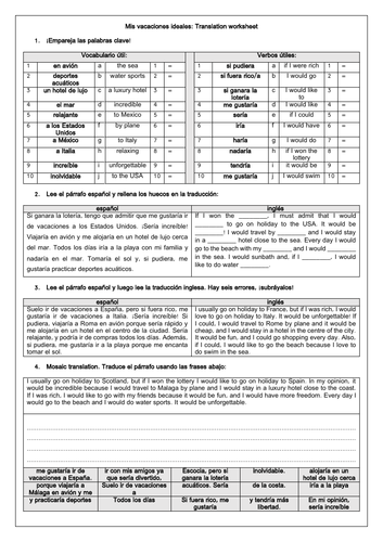 Spanish Gcse Mis Vacaciones Ideales Holidays And Conditional Tense Translation Worksheet 4999