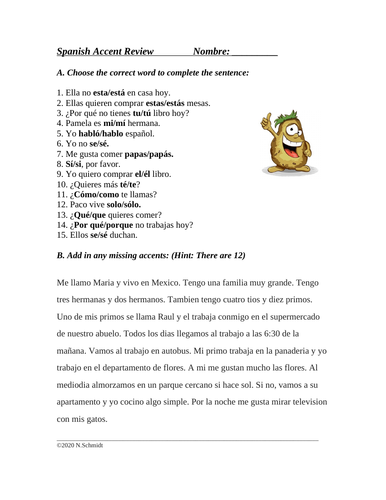 Spanish Accent Review Worksheet: Tilde