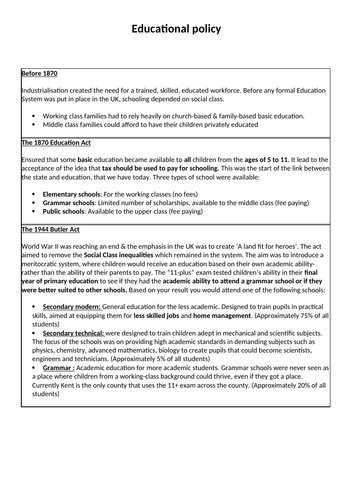 GCSE Sociology- Educational Reform- handout and A3 sheet
