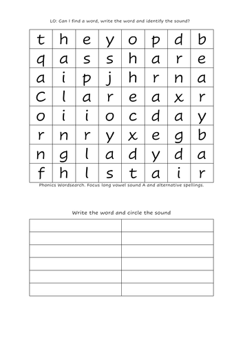 Phonics Wordsearch. Focus sound Long Vowel A.