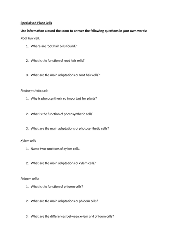 Specialised plant cells