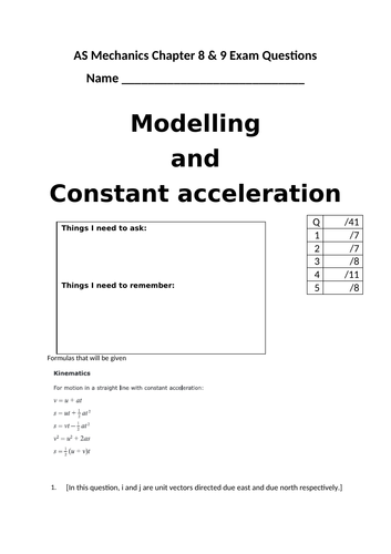 M1 Edexcel Ch 8 and 9 Exam practise questions