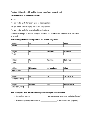 Present Subjunctive With Spelling Change Verbs Teaching Resources