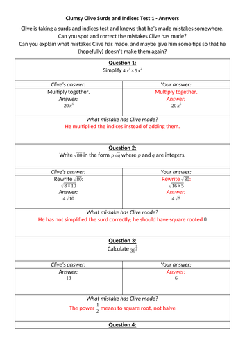 Clumsy Clive's Surds and Indices Tests