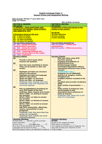 Edexcel GCSE English Exam Grids *Updated for Exams in 2021*