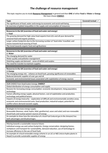 GCSE The challenge of resource management revision list