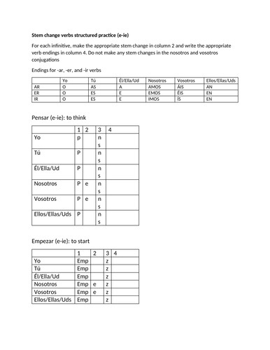 Stem change verbs e-ie conjugation practice