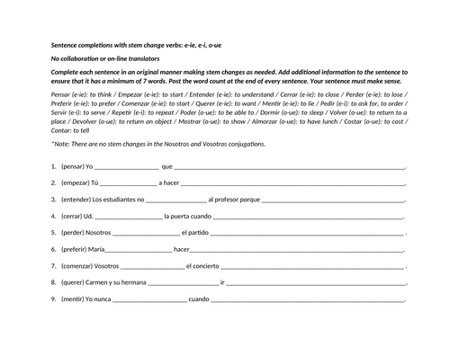 Stem change verb sentence completions