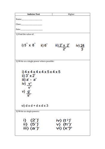 Maths GCSE - Indicies Test - Questions for higher tier