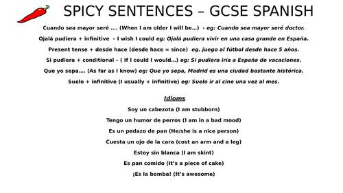 Spicy sentences mat - GCSE Spanish