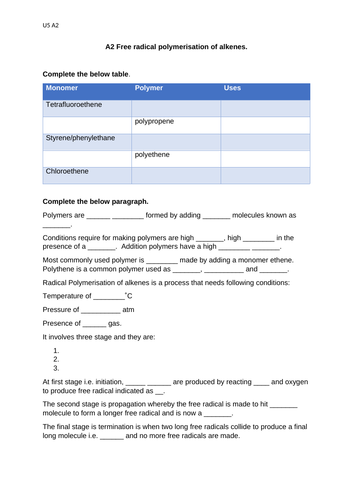 U5 A2 Free Radical Polymerisation of Alkenes.