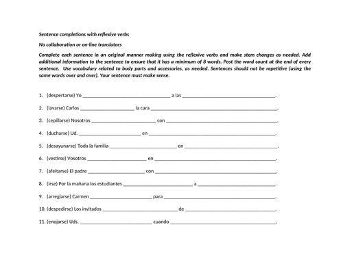 Sentence completions with reflexive verbs