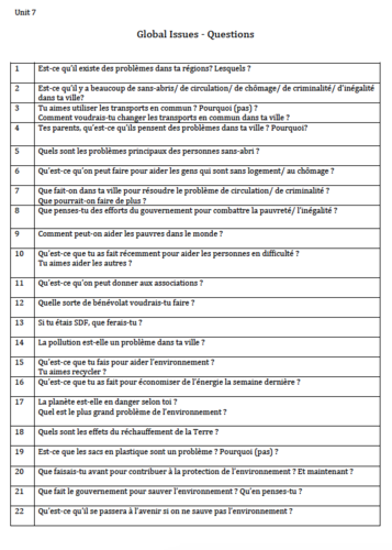 Unit 7- Global Issues- Conversation Questions- GCSE French