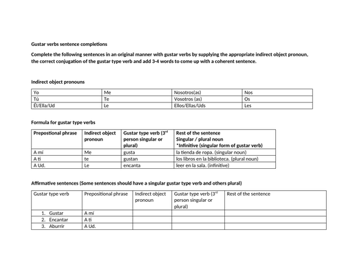 Gustar verbs sentence completions