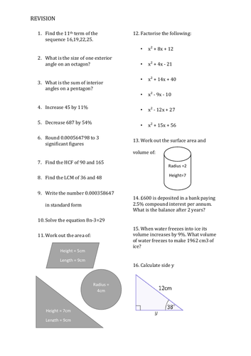 GCSE Maths Revision Sheet
