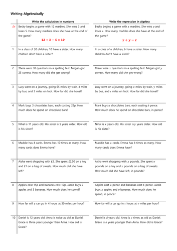 Introduction to Writing Algebraically