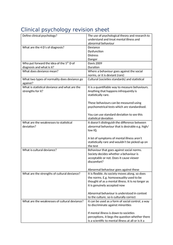 Clinical psychology Edexcel questions and answer sheet