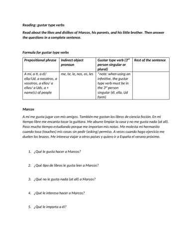 Gustar verbs reading