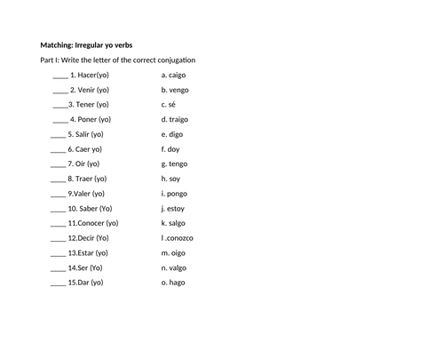 Irregular yo verbs matching and conjugation practice