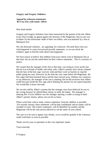 Albert and the Lion: Write back in role.