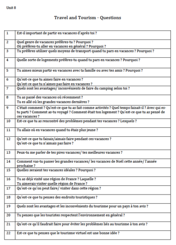 Unit 8- Travel and Tourism- Conversation Questions- GCSE French