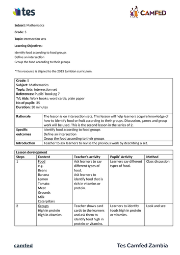 Intersection sets (Zambian curriculum)