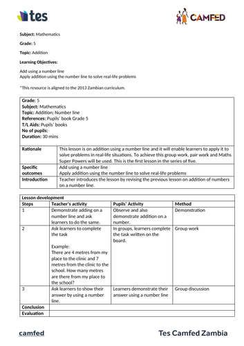 Addition lesson plans (Grade 5, Zambian Curriculum)