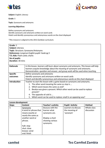 Lesson Plan for Synonyms