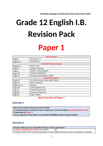 Paper 1 Revision Pack for IB Lang Lit  (First assessment 2021)