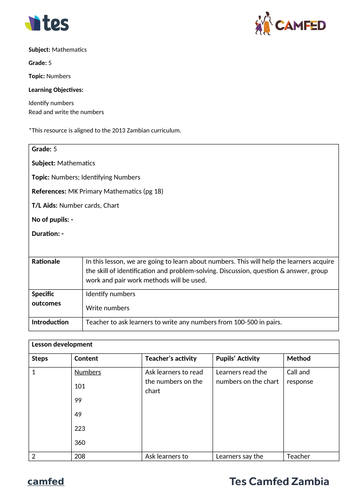 Identify and write numbers (Zambian curriculum)