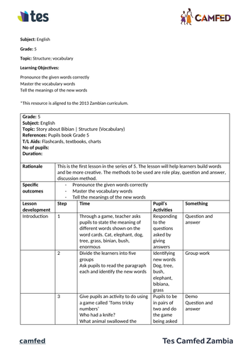 Structure and vocabulary (Zambian curriculum)