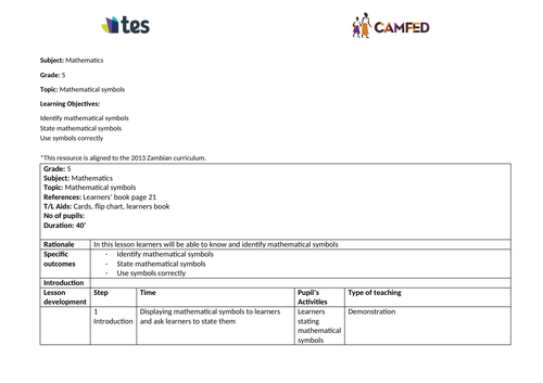 Using mathematical symbols (Zambian curriculum)