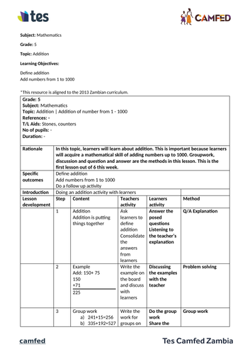 Addition (Grade 5, Zambian curriculum)