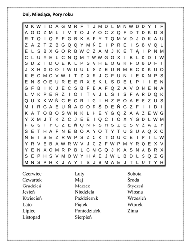 Dni, Miesiące, Pory roku (Weather, Months, Seasons in Polish) Wordsearch