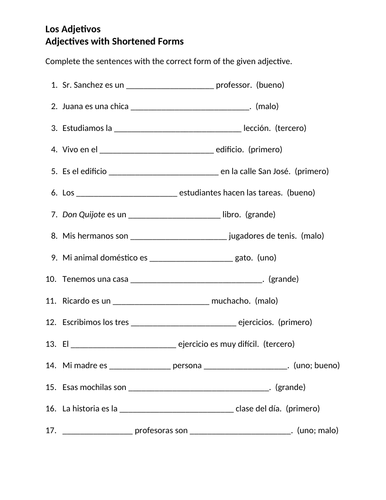 Adjetivos (Spanish Adjectives) with Shortened Forms Worksheet