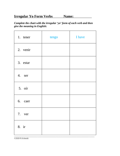 Spanish Irregular Yo Form Verbs Quiz Or Worksheet Teaching Resources