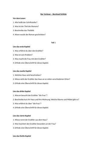 Der Vorleser - questions on the text