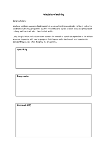 Principles of Training - starter activity | Teaching Resources