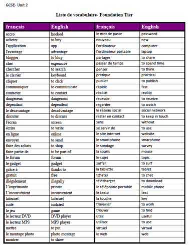 Unit 2  Vocabulary List  GCSE French | Teaching Resources