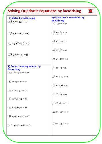 Solving Quadratic Equations: By factorising, completing the square and quadratic formula